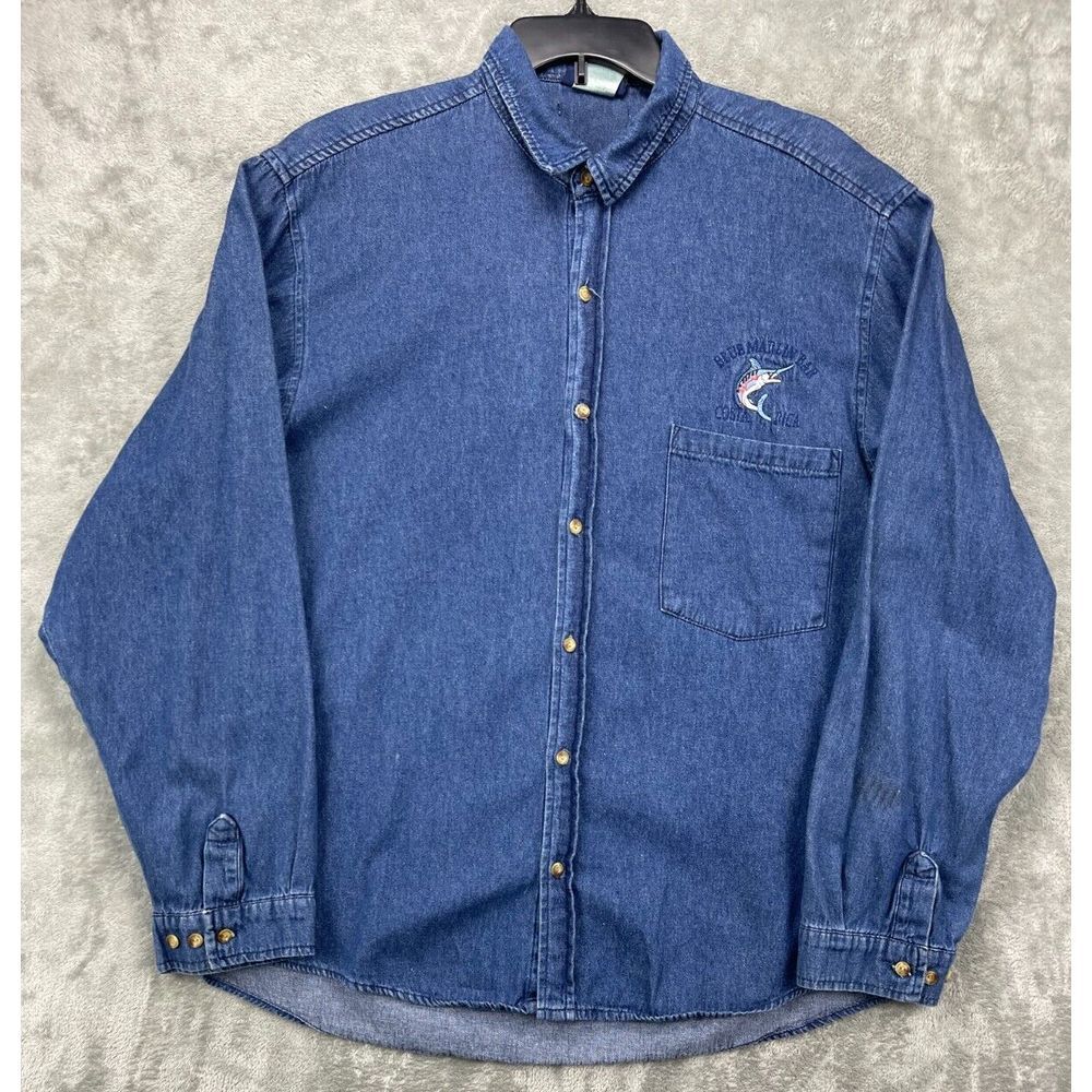 Solutions Men's Denim Shirt Size‎ Large Blue Marlin Bar Costa Rica Logo